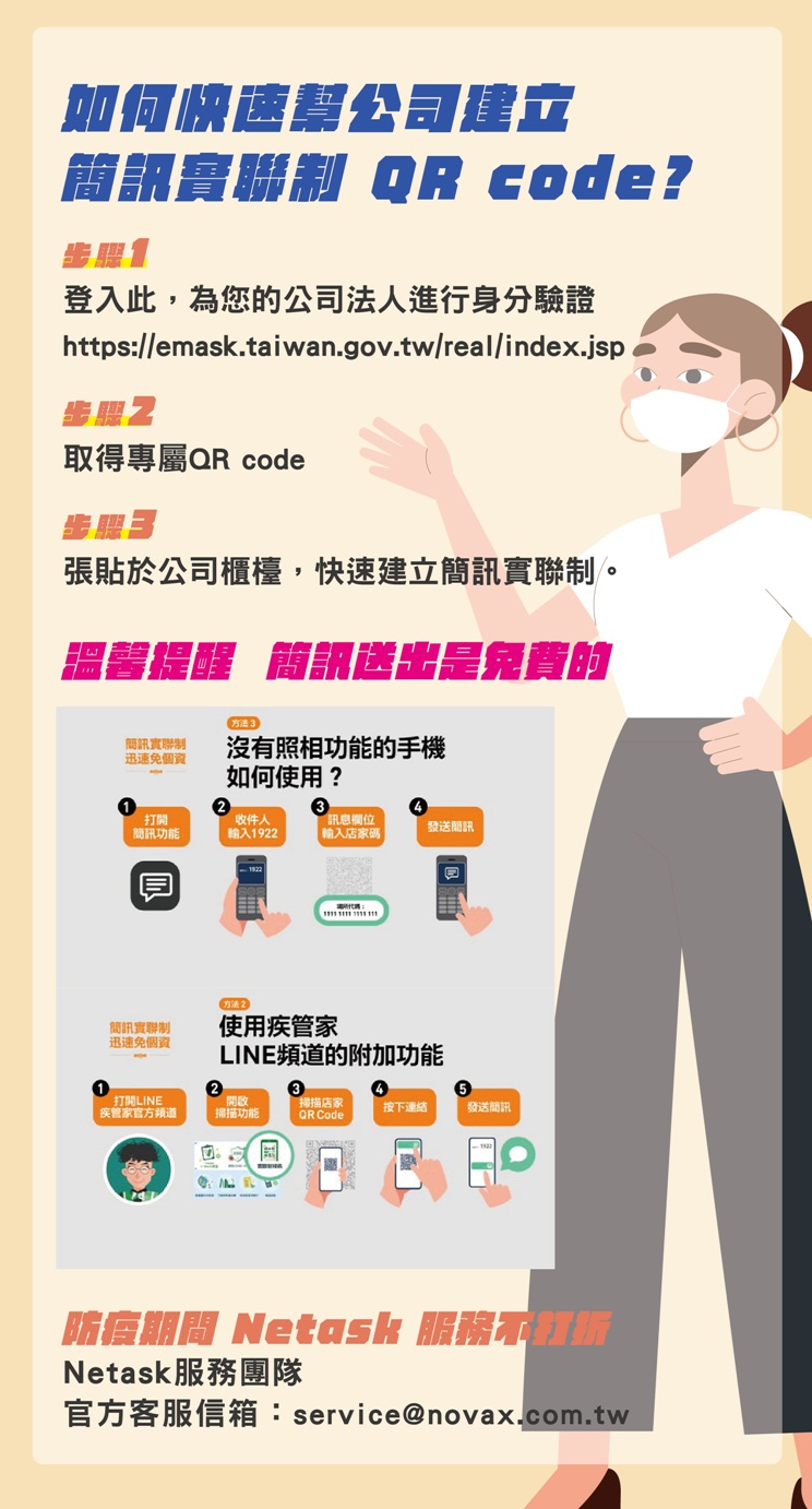 如何快速幫公司建立簡訊實聯制QR Code?登入、取得、張貼QR碼，溫馨提醒，簡訊送出是免費的，防疫期間Netask服務不打折。