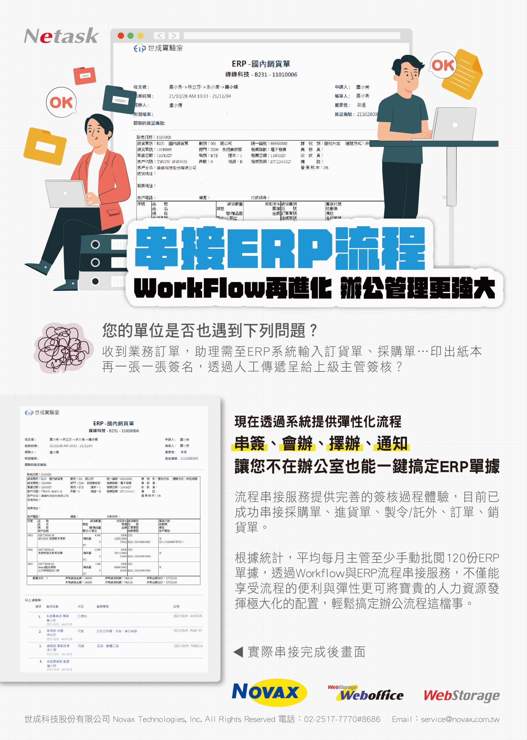 平均每月主管至少批閱120份ERP單據，透過workflow與ERP流程串接，不僅能享受流程的便利與彈性，更可將資源發揮極大化，輕鬆搞定辦公流程這檔事。