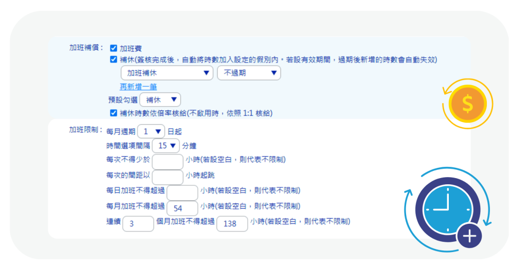 系統提供加班限制的條件，由管理者自行設定並套用