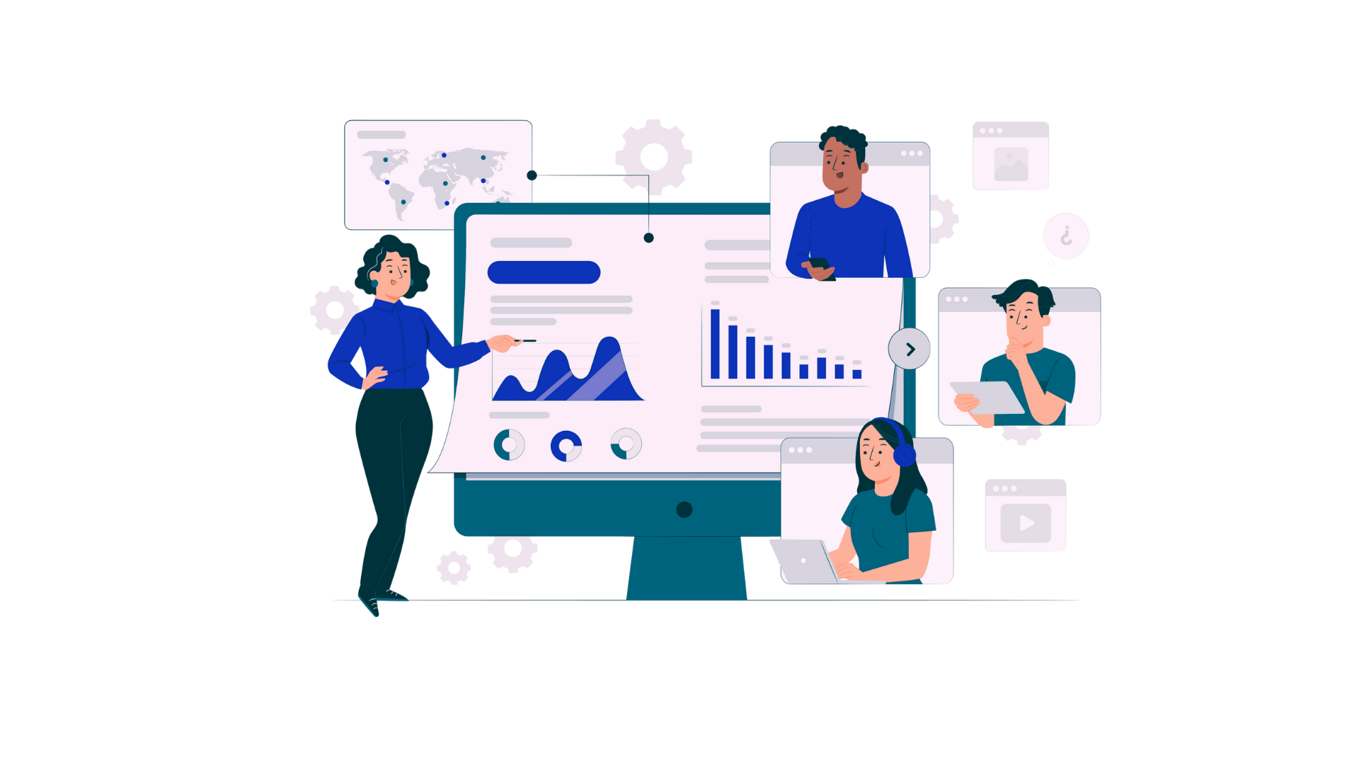 主管與員工同時看著專案儀表板、氣氛輕鬆協作