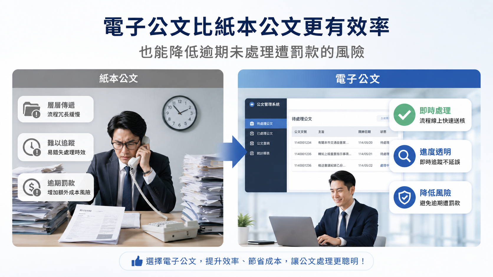 電子公文比紙本公文更有效率，也能減少逾期未處理被罰款的風險